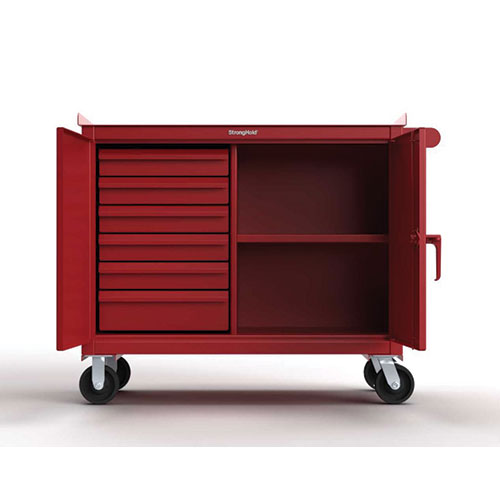 Red-Heavy-Duty-12-Gauge-Mobile-Tool-Cart-with-7-Gauge-Steel-Top-6-Half-Width-Drawers-and-1-Shelf