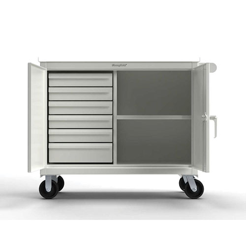 White-Heavy-Duty-12-Gauge-Mobile-Tool-Cart-with-7-Gauge-Steel-Top-6-Half-Width-Drawers-and-1-Shelf